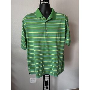 Fairway Greene Men's Golf Polo Shirt Green Yellow Blue Striped 100% Cotton SZ L